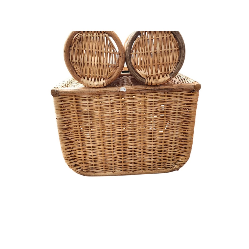Vintage Large 2 Wine Bottle  Holder Rattan Bamboo Hinge Wicker Picnic Basket - Picture 8 of 15